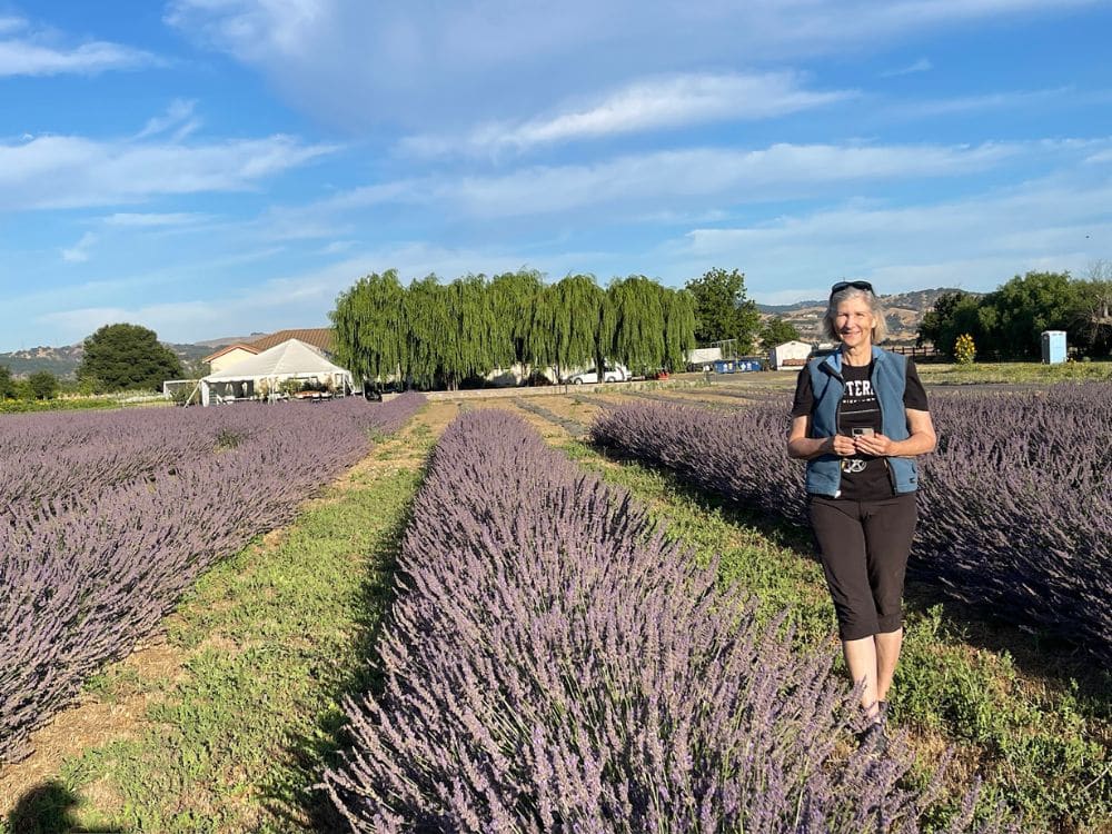 Lisa, owner of HvH Specialty Growers standing among the rows of lavender at HvH Specialty Growers in Fairfield, California