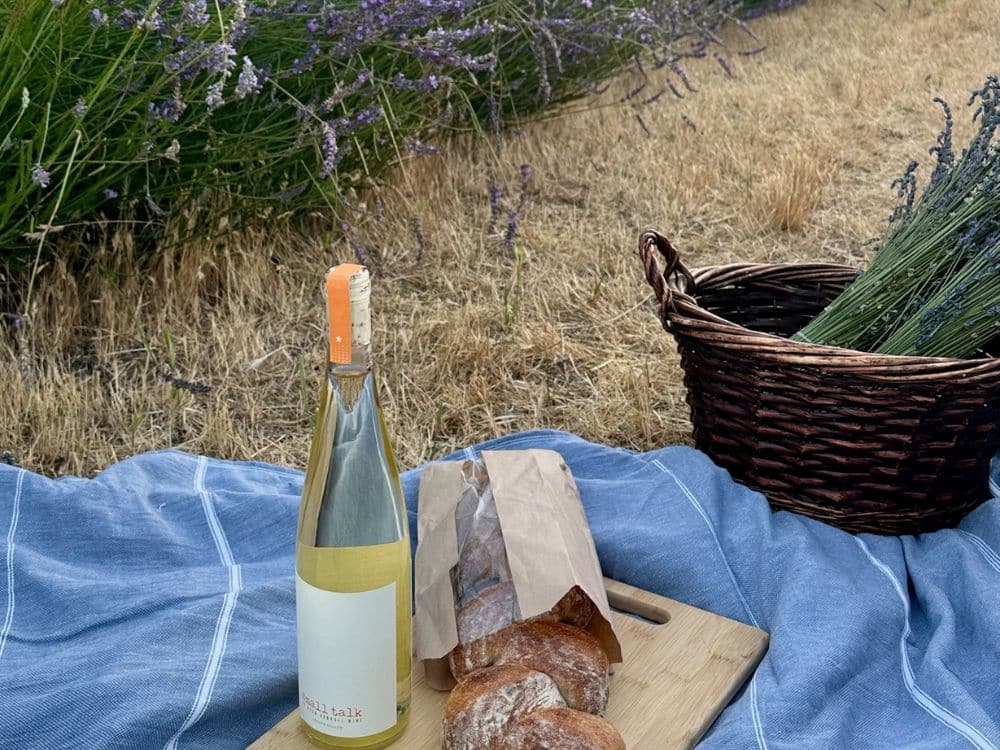 Basket of freshly cut lavender sitting next to a bottle of wine and bread on cutting board on a blanket in the lavender at HvH Specialty Growers in Fairfield, California