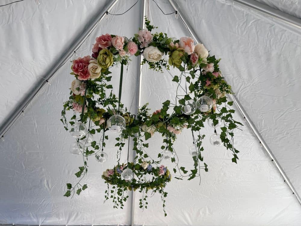 Custom floral lighting arrangement designed by Tabletop Alchemist at HvH Specialty Growers in Fairfield, California