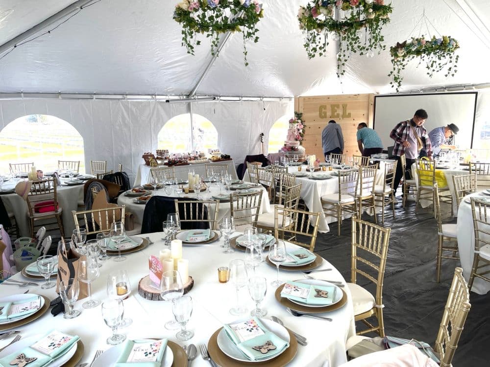 Setting up for a baby shower at HvH Specialty Growers in Fairfield, California